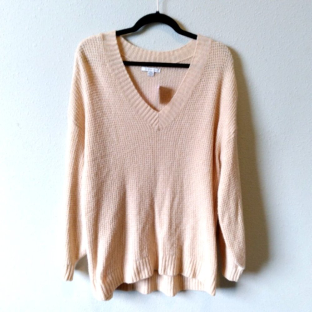 American Eagle Waffle Knit Cozy V-neck Pullover Sweater Beige Oversized Med EUC